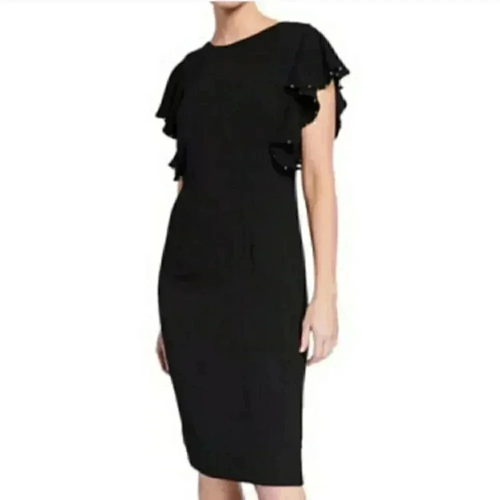 T TAHARI Black Studded Flutter Ruffle Sleeve Minimalist Sheath Dress
